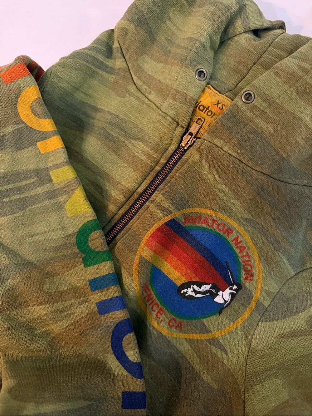 Aviator Nation Camo Full Zip Hoodie Sweatshirt Size XS Green Rainbow Spellout